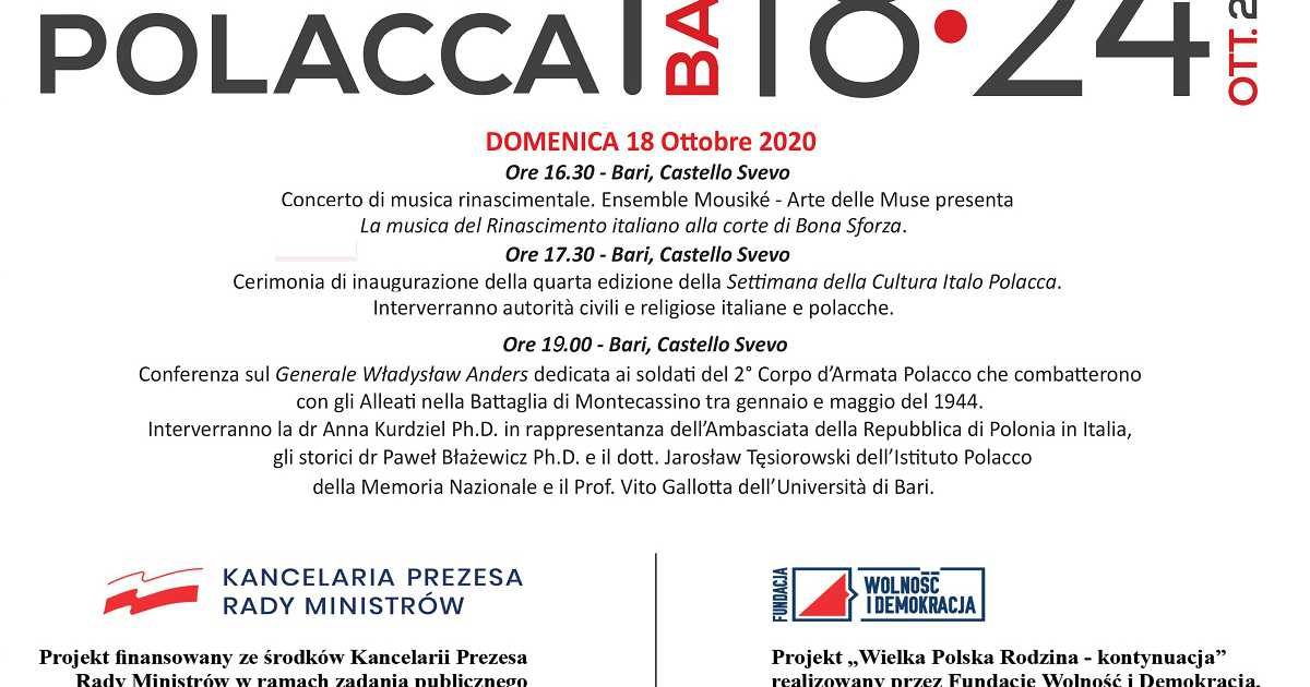 Bari, il Castello aperto di sera per la Settimana della cultura Italo Polacca
